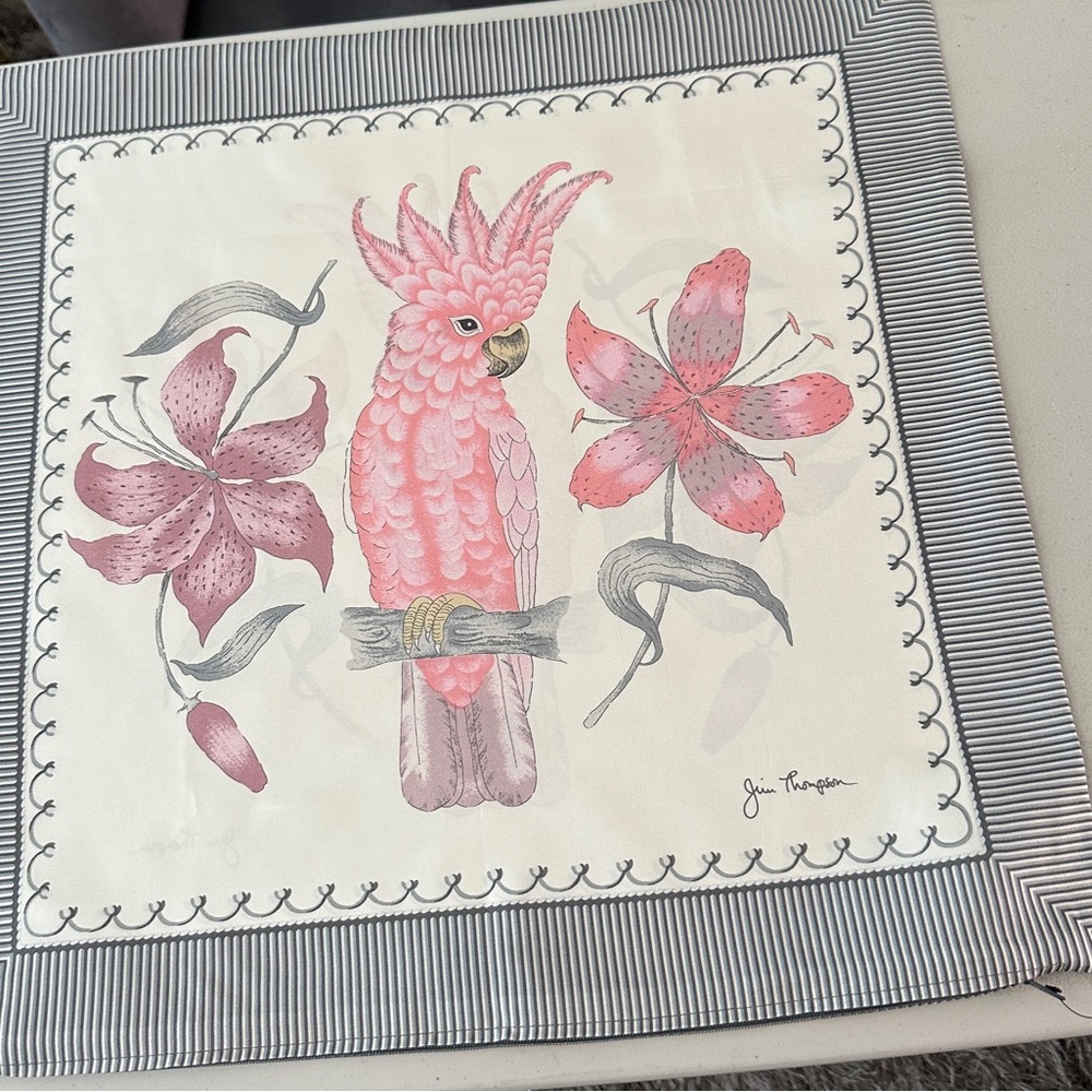 Vintage Jim Thompson Pink Parrot Square Throw Pillow Cover